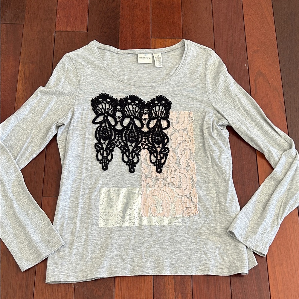 Chico's Gray Top with Black and Pink Lace Accents